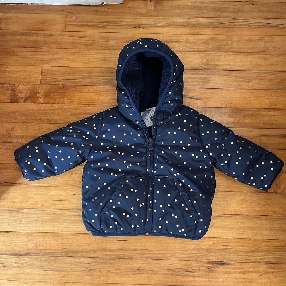Baby GAP Puffer Coat 12-18 m Navy Gold Polka Dot Cozy Shearling Fleece Lined